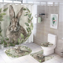 4-delige konijnen douchegordijnset met antislipmat, toiletbrilhoes en badmat – Paasdecoratie voor de badkamer, geschikt voor standaard douches