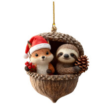 Eikelornamenten met bosdieren, geschikt voor kerstboomversiering, gepersonaliseerde dennenappeldieren met rode hoed en rode bes.