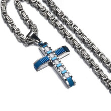 Collana da uomo con ciondolo a croce, catena bizantina in acciaio inossidabile color oro, nero e argento - Argento e blu - 32 pollici
