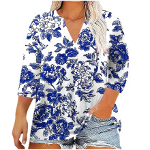 Damen-Top in Übergröße im Boho-Stil mit Blumenmuster, V-Ausschnitt, Henley-Ausschnitt, Knopfleiste, Tunika-Shirt, 3/4-Ärmel, lässiges, lockeres