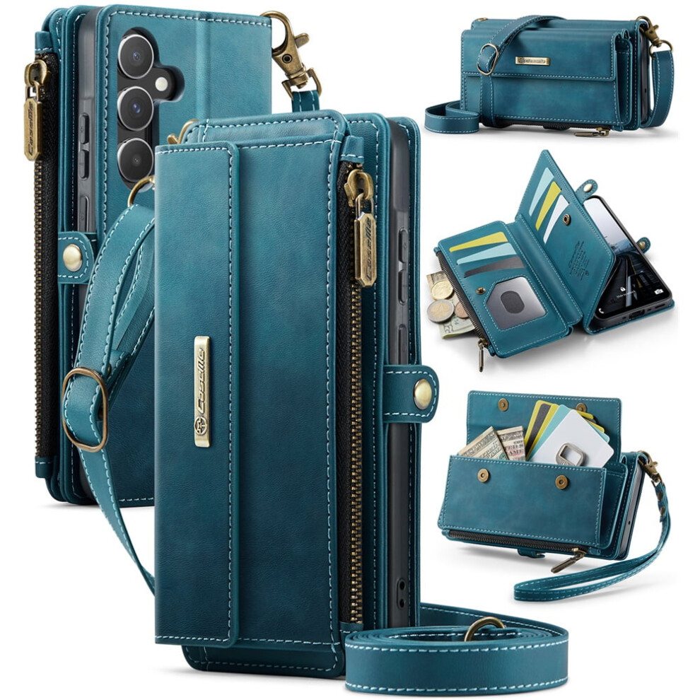 Caseme Wallet Case For Samsung Galaxy A55âRfid-Blocking Pu Leather, Kickstand, Wrist Strap, Zipper, Card Slots, Blue 9482726220626