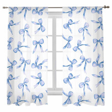 Blue Bow Sheer Curtains 52"x63", Watercolor Retro Light-Filtering Voile Drapes, Rod Pocket, 2 Panels, Compatible with Standard Rods