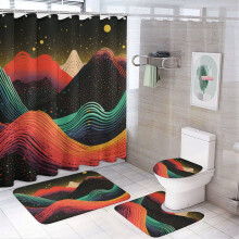 4-Piece Red & Green Shower Curtain Set with Non-Slip Rug, Toilet Lid Cover & Bath Mat – Abstract Geometric Boho, Waterproof, Compatible with