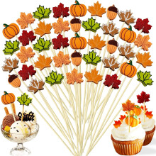 300 Pcs Fall Cocktail Picks (4.7") – Maple Leaves, Pumpkins, Acorns, Bamboo Appetizer Sticks for Thanksgiving & Autumn Party Decor