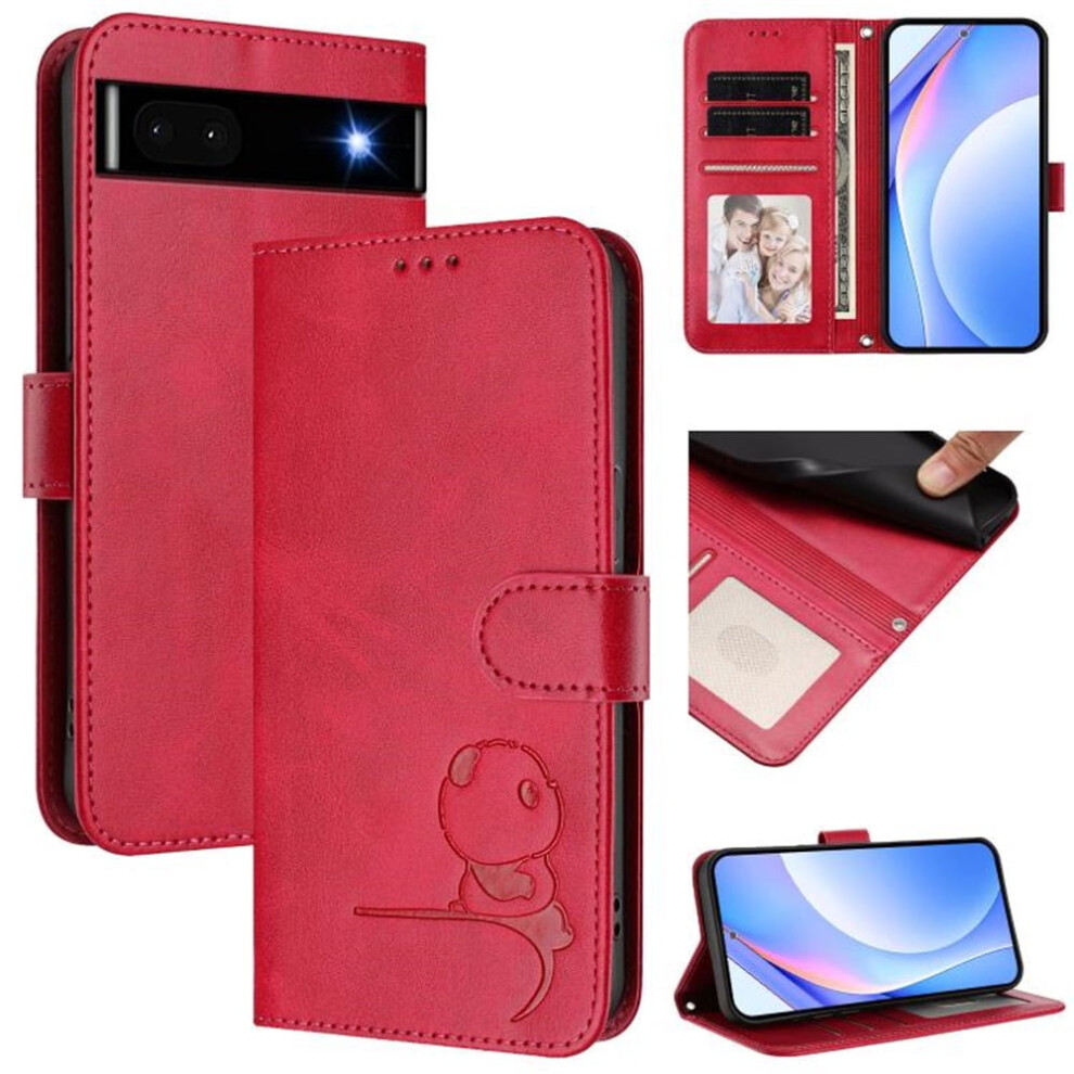 Litter Panda Embossed Leather Case For Google Pixel 6A Â Rfid Wallet, Magnetic Clasp, Lanyard & Flip Stand, Rose Red 9482726222620