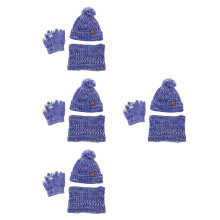 4Stk Fleece Mütze Schal Set Für Kinder Sky-Blue Mit Pom Pom