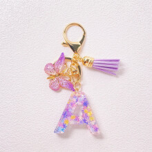 Μπρελόκ αυτοκινήτου με αρχικά γράμματα για γυναίκες με φούντα, μωβ, χαριτωμένο
