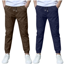 Lot de 2 pantalons chino d'été en lin pour garçon, avec cordon de serrage, légers et confortables, style sport, décontractés, marron, pour