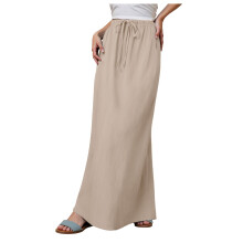 Saia maxi feminina de linho, cintura ajustável com cordão, modelo evasê, longa e fluida, estilo boho, confortável, ideal para férias de verão