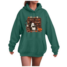 Oversized Halloween Hoodies für Damen, Rundhalsausschnitt, lange Ärmel, Hexen-, Kürbis-, Fledermaus- und Geisterprint, Sweatshirts, Dunkelgrün,