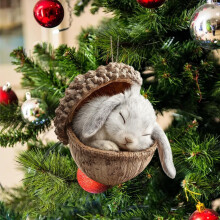 Eikelornament met bosdiermotief – Konijn, Gepersonaliseerde kerstboomversiering met dennenappel, Hangend cadeau met bosdier (Geschikt voor