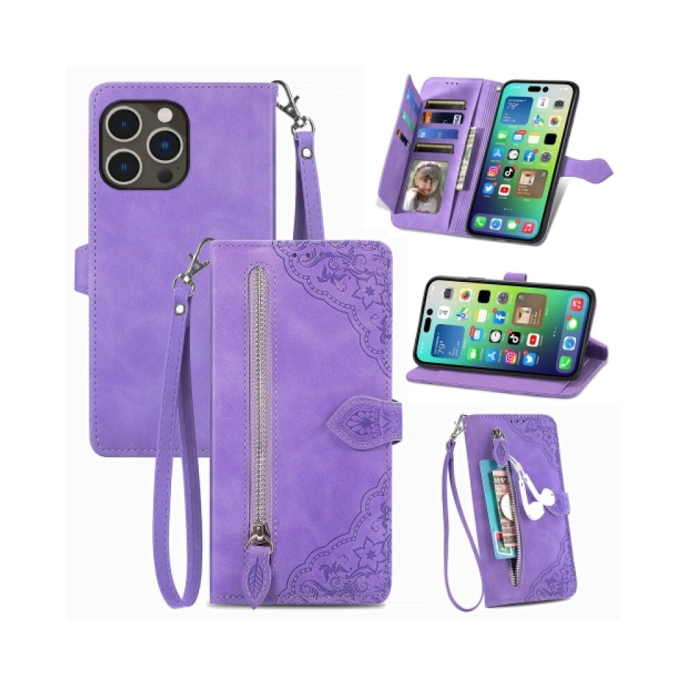 Magnetic Leather Wallet Case With Zipper, Kickstand & Wrist Strap For Iphone 15 Pro Max (6.7") 9482726225942