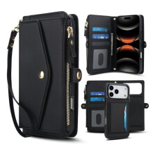 RFID Blocking 2-in-1 Magnetic Flip Wallet Case for iPhone 17 Pro Max – PU Leather, Multi-Card Slots, Zipper Pocket, Detachable Shoulder & Wrist