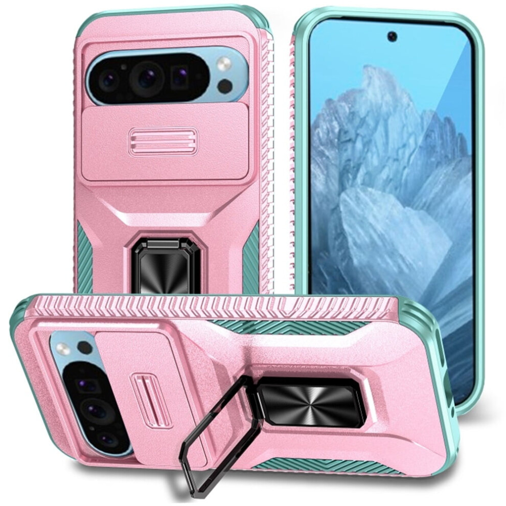 Slim Shockproof Hybrid Case For Google Pixel 9 / 9 Pro, Slide Camera Cover & Rotated Ring Kickstand, Military-Grade, Pink/Green 9482726226178