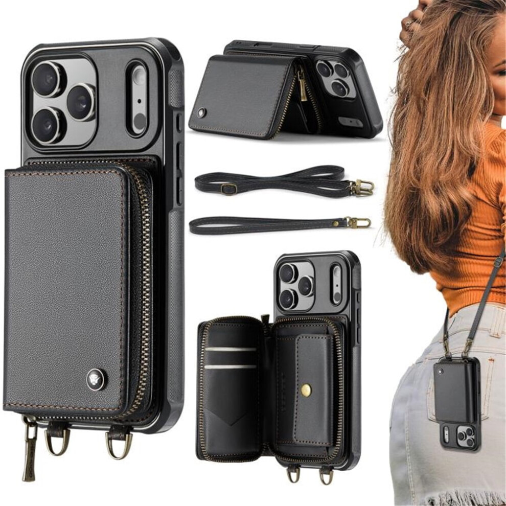 Rfid Wallet Case Compatible With Iphone 17 Pro Max 6.9" Â Protective Purse With Card Slots, Kickstand, Wrist Strap, Lanyard & Zipper Â Black 9482726226567