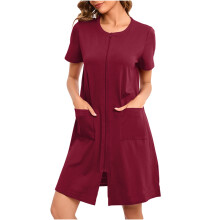 asdoklhq Dames Badjassen Lichtgewicht Dames Winter Warme Nachtjapon en Winter Nachtjurk met Ritssluiting en Zakken Losse Pyjama Wijnrood M