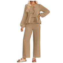 Tacair 2 phíosa do Mhná Samhraidh Barr Crop Pant Cos Leathan Tacar Lounge Meaitseála Éadaí Taisteal Trá Saoire Caife, XXL