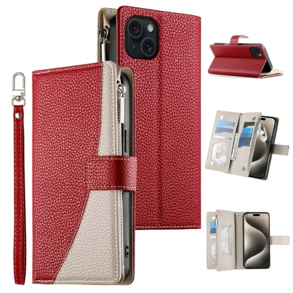 Pu Leather Flip Wallet Case For Iphone 15 6.1 Inch Red 9065194891545