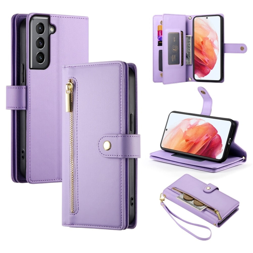 Leather Wallet Case For Samsung Galaxy S21 5G 6.2" Â Multi-Card Slots, Zipper Pocket, Lanyard Strap, Compatible With S21 5G Purple 9482726229445