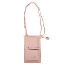 Bolsa transversal feminina em couro sintético, com compartimento para celular com tela sensível ao toque, bloqueio RFID e alça ajustável. Possui
