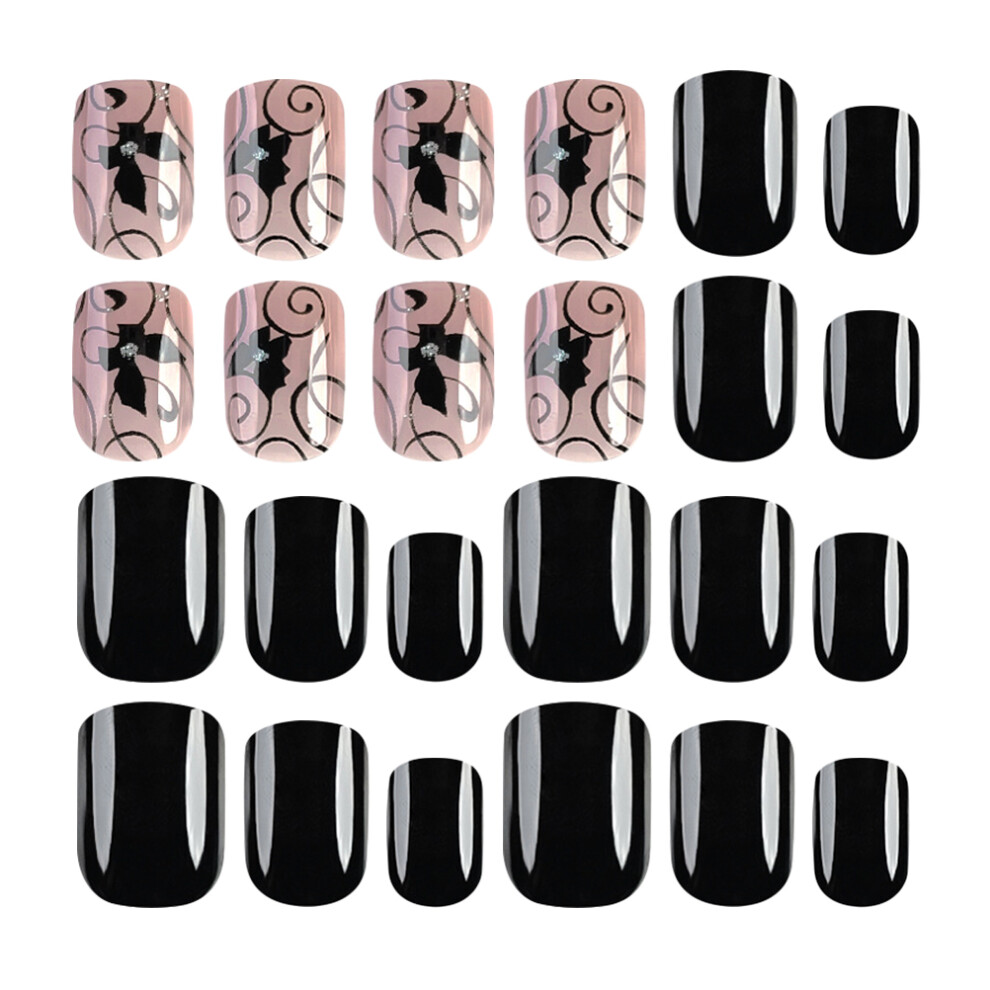 Happyyami Black 1Set Short Press On Nails Full Cover Fake Nail Tips Abs