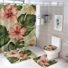 4-delige douchegordijnset met antislipmat, toiletbrilhoes en badmat – Groen tropisch bloemenpatroon, waterdicht en duurzaam