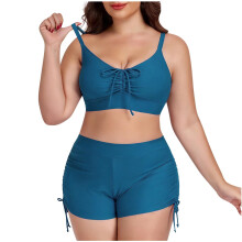 Tankini badpak voor dames, tweedelig, met vetersluiting, plooien, push-up bh en bikinibroekje.