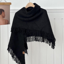 Xale feminino de lã, elegante, versátil, quente, cor sólida, com franjas, preto.