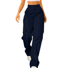 Calça cargo feminina de pernas largas com 6 bolsos, cordão e cintura elástica – ideal para atividades ao ar livre, caminhadas, escaladas e