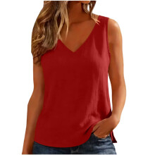 Modisches, lässiges Damen-Tanktop mit V-Ausschnitt, Saumschlitz und ärmellos, Baumwoll-Leinen-Mischung, Weinrot, Größe L