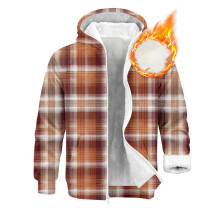 Cardigã masculino casual de outono/inverno com capuz forrado em lã e estampa xadrez - Jaqueta quente, laranja-amarelo, XXXL