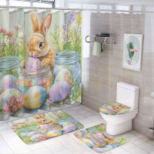 4-delige konijnen douchegordijnset met antislipmat, toiletbrilhoes en badmat – Paasei-design, waterdichte stof