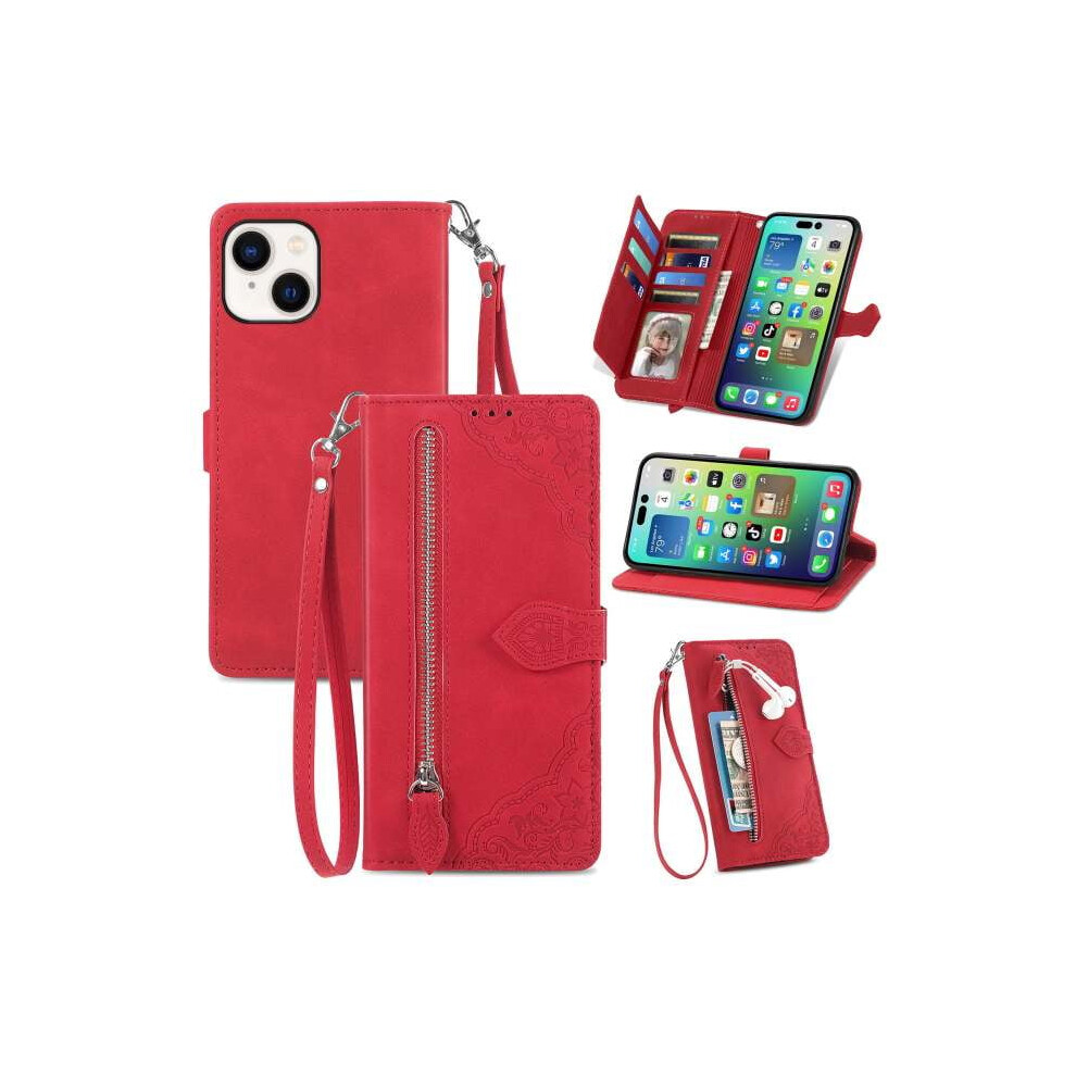 Magnetic Leather Wallet Case For Iphone 15 (6.1") Â With Card Pocket, Zipper, Kickstand & Wrist Strap Red 9482726230502