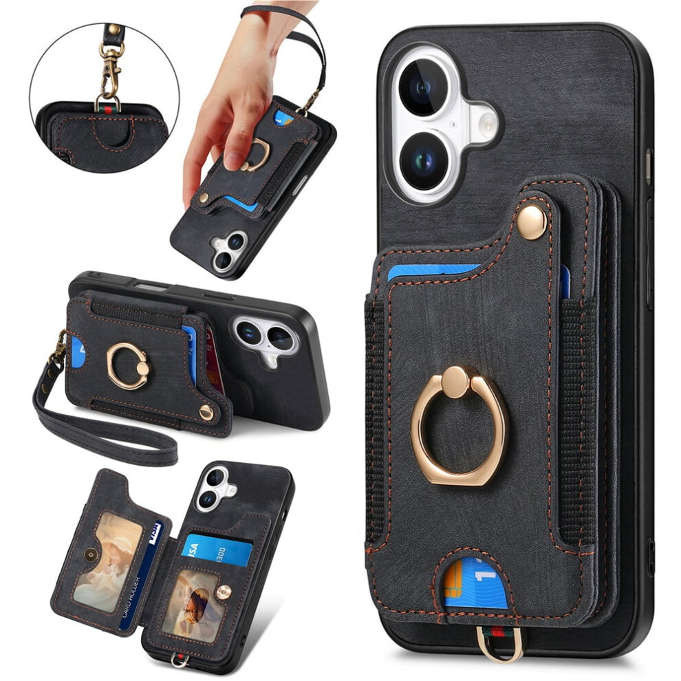 Iphone 16 Wallet Case Â Pu Leather Flip Folio With Rfid Blocking, Ring Holder, Kickstand & Wrist Strap, Magnetic, Black 9482726230809