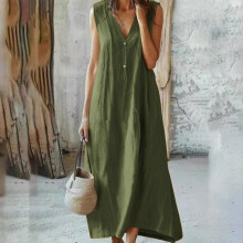 Vestido largo sin mangas con cuello en V de algodón y lino para mujer, color verde.