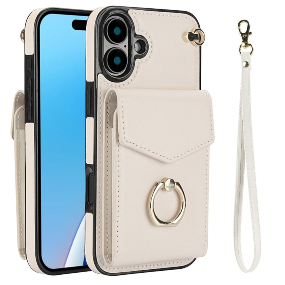 Premium Pu Leather Wallet Case For Iphone 16 Â Rfid Shielding, Adjustable Ring Holder & Wristband, Beige Cream 9482726231523