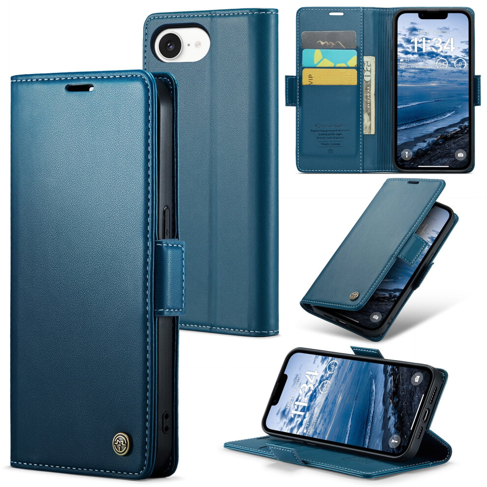 Caseme Leather Wallet Case For Compatible With Iphone 16E Â Rfid Blocking, Magnetic Clasp, Kickstand, Blue 9482726231899