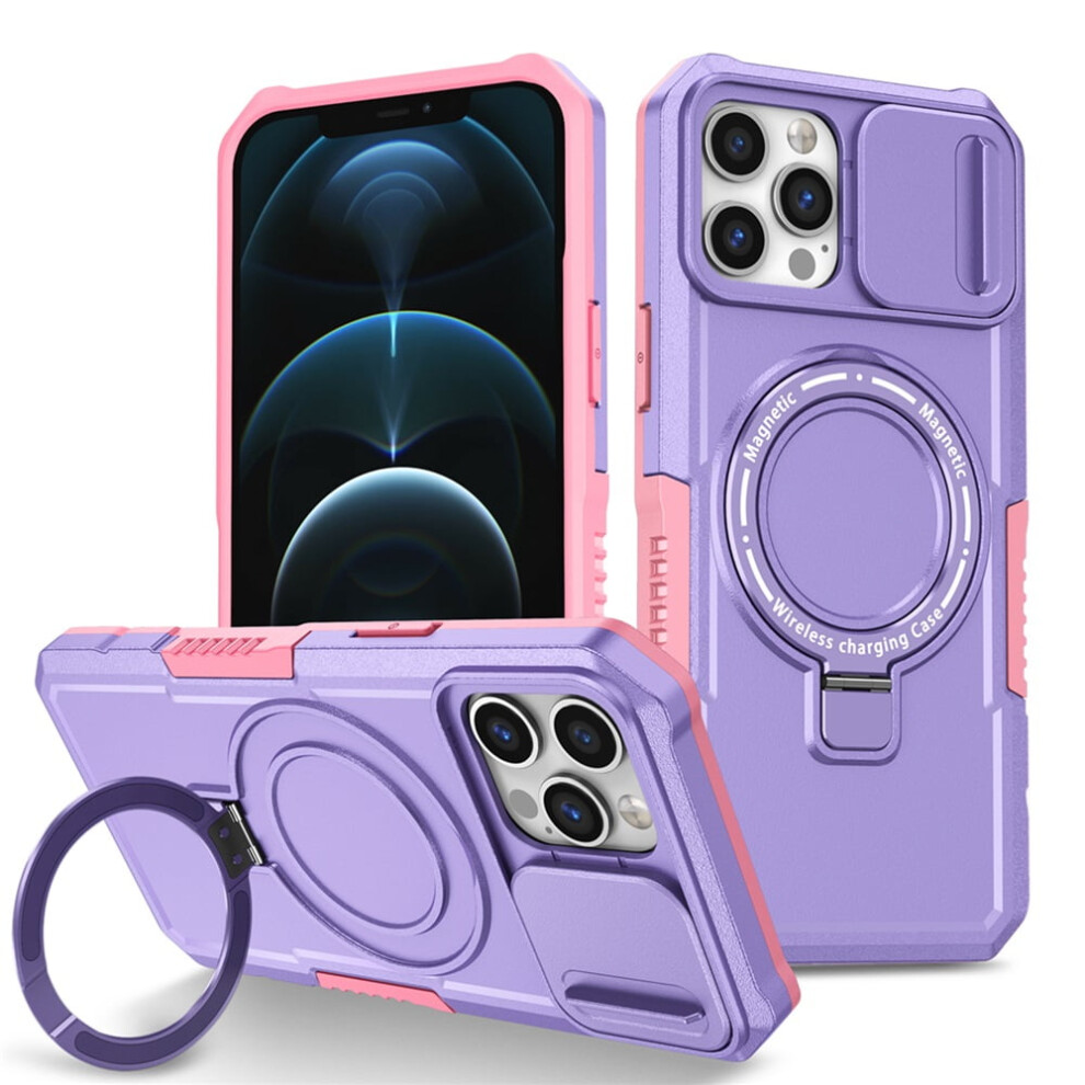 Iphone 12 Pro Max 6.7" Case: Sliding Camera Cover, Magsafe Compatible, Shockproof, Hidden Kickstand & Ring Holder Purple 9482726233329