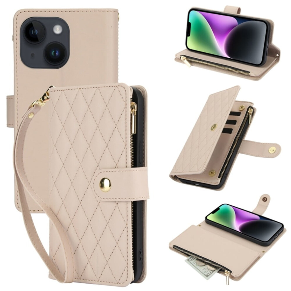 Rfid-Blocking Flip Wallet Case For Iphone 15 (6.1"), With Card Slots, Kickstand, Wrist Strap, Lanyard & Zipper Â Beige Cream 9482726233602