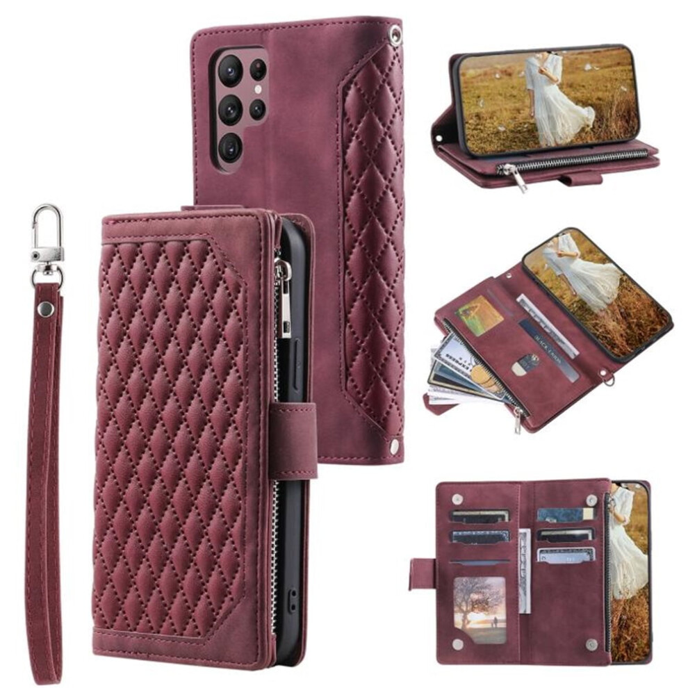 Case For Compatible With Samsung Galaxy S25 Ultra 5G Â Wine Pu Leather Flip Wallet With 6-Card Slots, Kickstand, Wrist Strap, Lanyard & Zipper Red 9482726233794