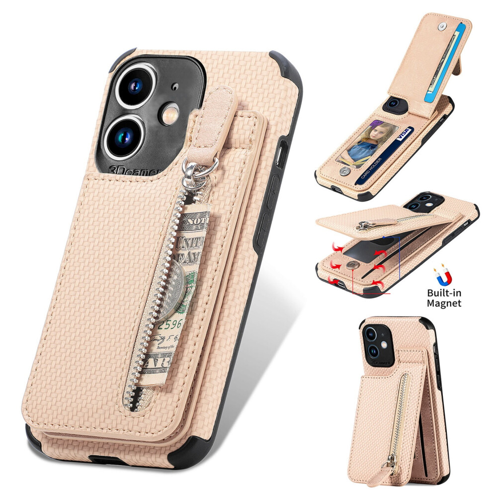 Khaki Leather Wallet Case With Zipper & Card Slot For Compatible With Iphone 11 (6.1") 9482726233534
