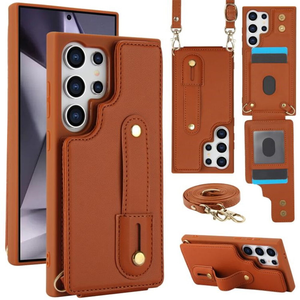 Premium Pu Leather Flip Wallet Case With Wristband Holder & Card Slots, Detachable Crossbody Strap Â Compatible With Samsung Galaxy S22 Ultra Brown 9482726234241