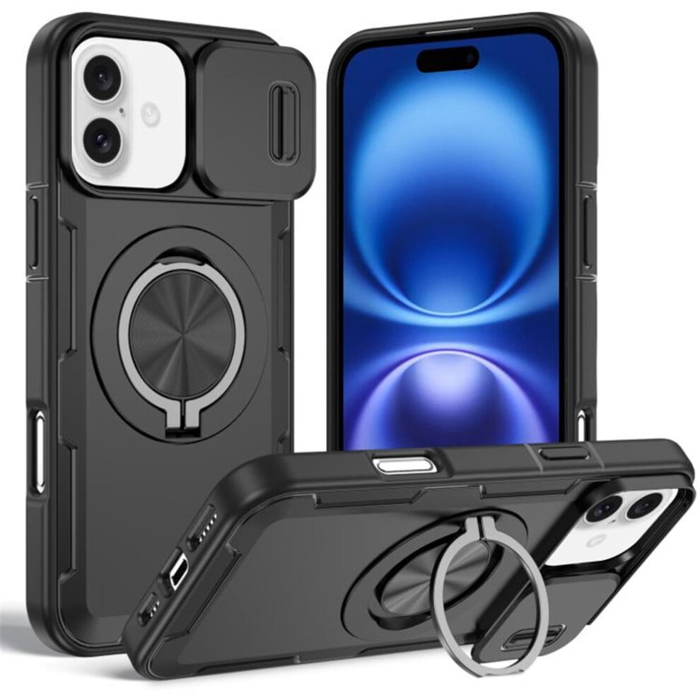 Iphone 16 Plus Case With Rotating Metal Stand, Magsafe Charging, Sliding Camera Cover, Shockproof & Rugged Â Black 9482726237143