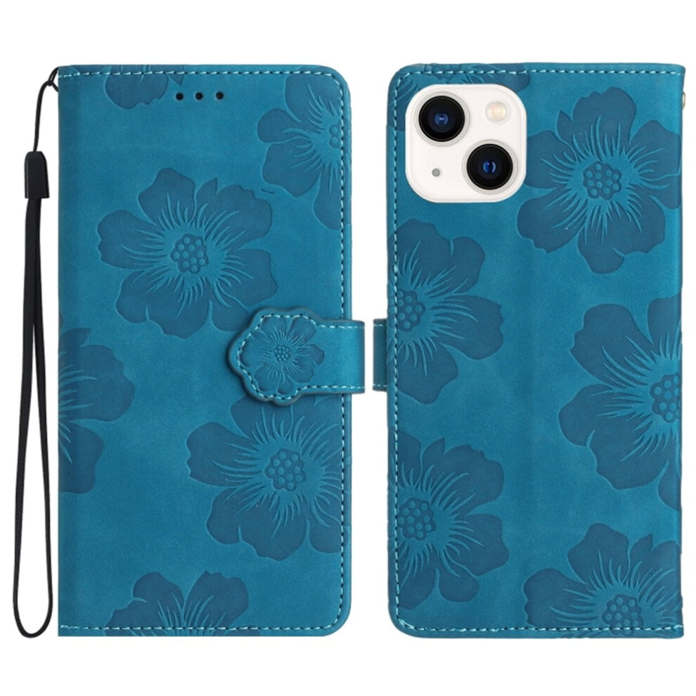 Leather Flip Wallet Case For Iphone 14: Flower Embossed, 3-Card Holder, Magnetic Closure, Detachable Wrist Strap, Shockproof Â Blue 9482726236733
