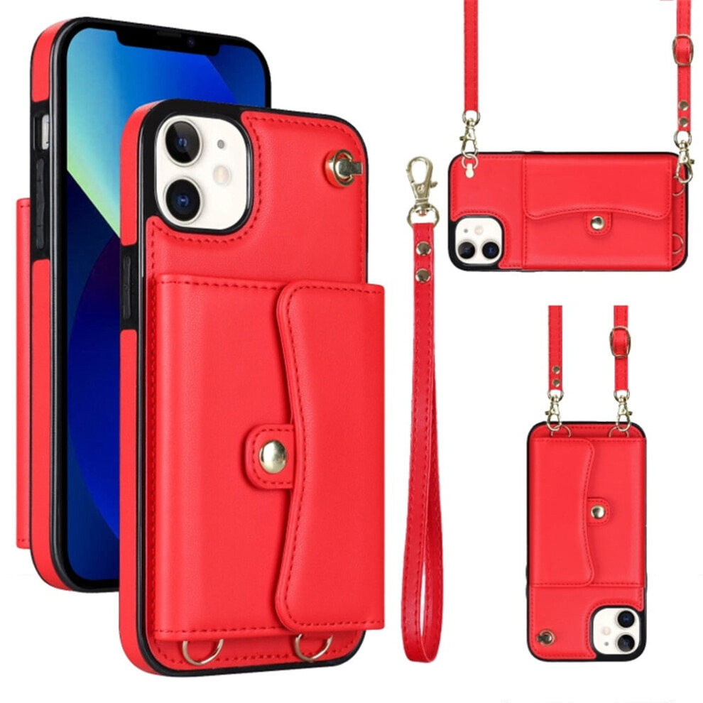 Rfid-Blocking Magnetic Flip Wallet Case For Iphone 12 Â Multi-Card Slots, Detachable Shoulder & Wrist Straps Red 9482726236580