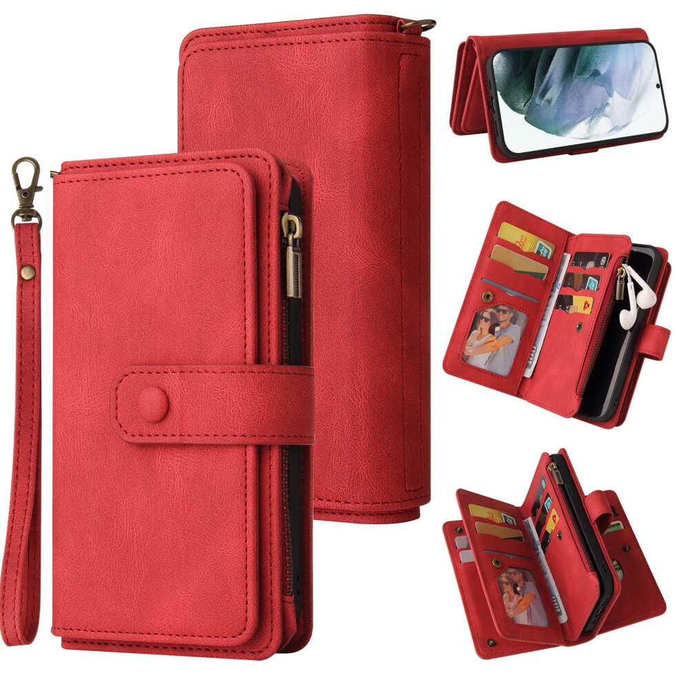 Magnetic Zipper Wallet Case For Galaxy A03s Â Pu Leather, Kickstand, Shockproof, Wrist Strap, Card Slots, Red 9482726237501
