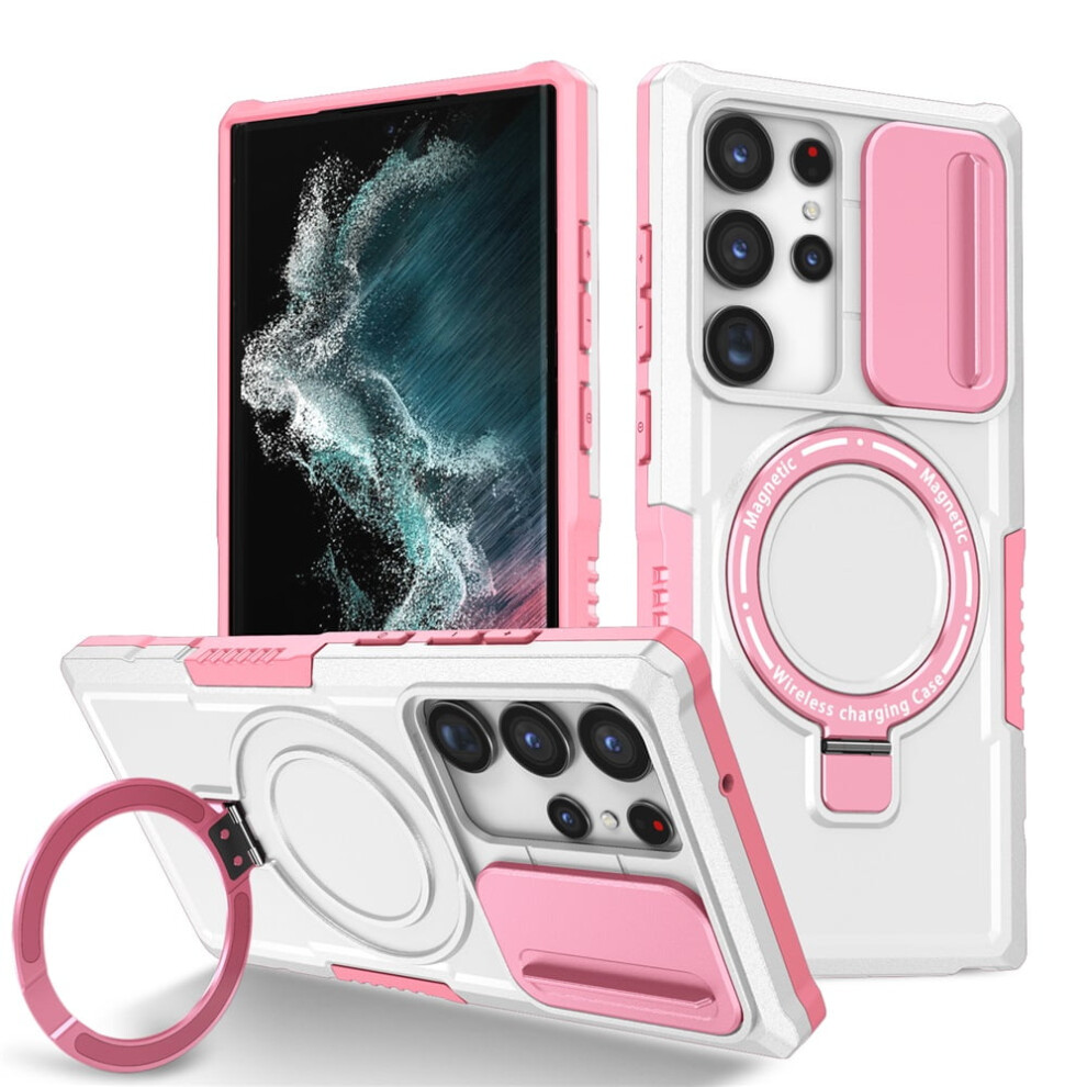 Pink & White Case For Samsung Galaxy S22 Ultra 6.8" – Sliding Camera Cover, Magsafe Compatible, Shockproof, Kickstand & Ring Holder Pink,White 9482726238447