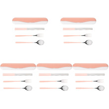 5Sets Pink Stainless Steel Travel Tableware Set with Case for Camping