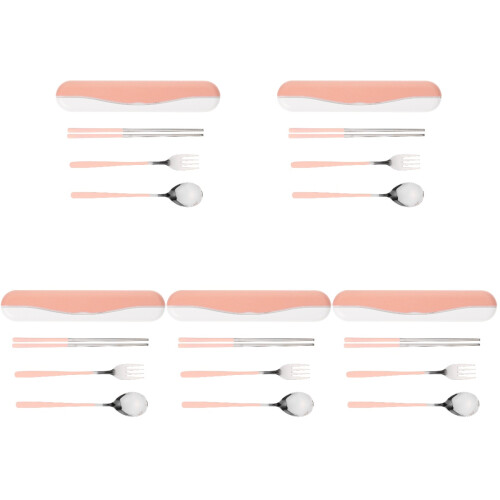 5Sets Pink Stainless Steel Travel Tableware Set with Case for Camping