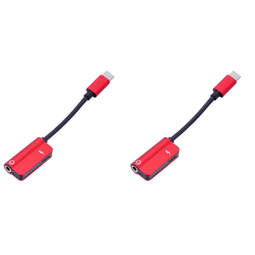 2Pcs Compact Red Type C to 3.5mm Audio Adapter with Charging for Phone